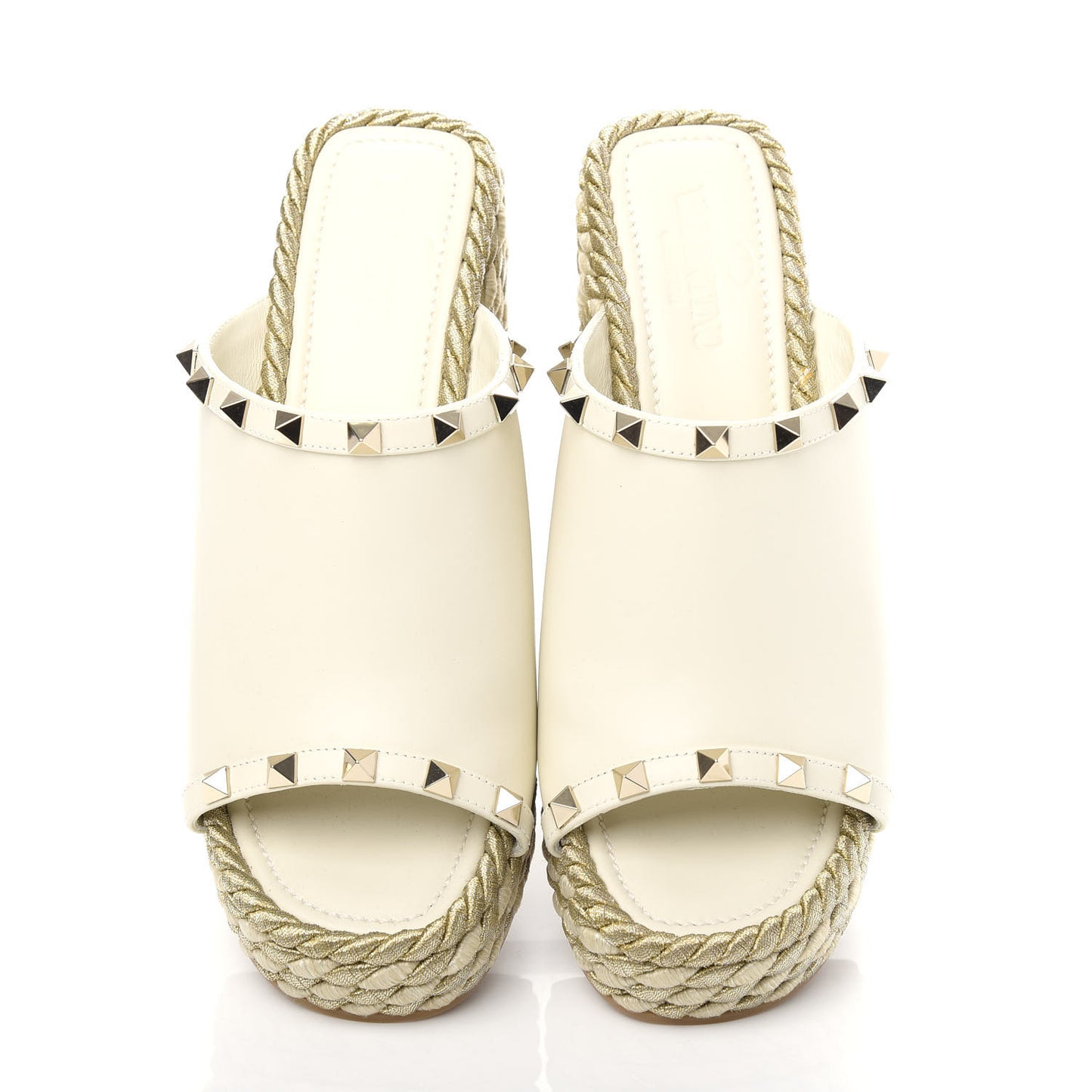 Calfskin Silk Rockstud Torchon Espadrille Wedge 25/115mm Slide Sandals 37 Light Ivory