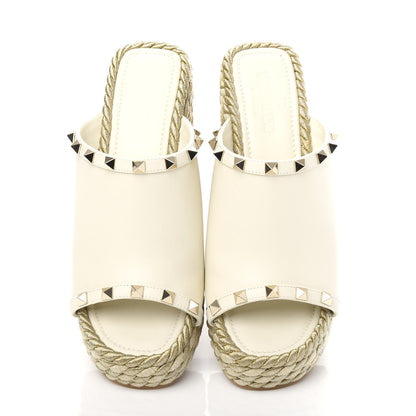 Valentino Garavani Calfskin Silk Rockstud Torchon Espadrille Wedge 25/115mm Slide Sandals 37 Light Ivory 5 of 10