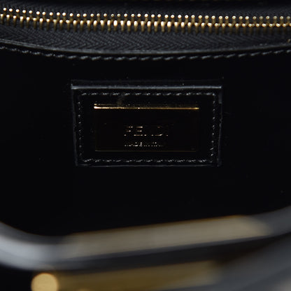 Fendi Patent Glazed Fabric Vitello Century FF 1974 Stamp Patch Mini Peekaboo Iconic Satchel with FF Defender Cover Black Mogano Panna 7 of 9