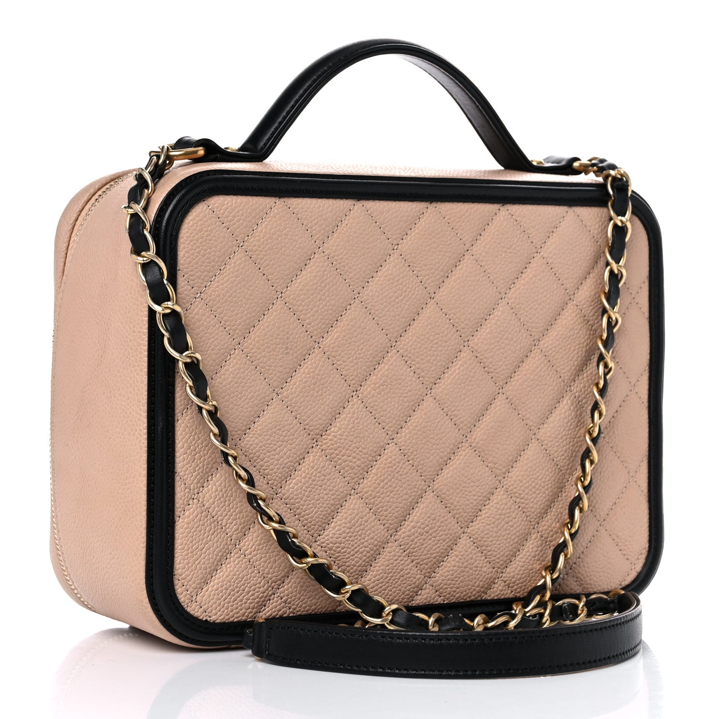 Caviar Quilted Large CC Filigree Vanity Case Beige Black