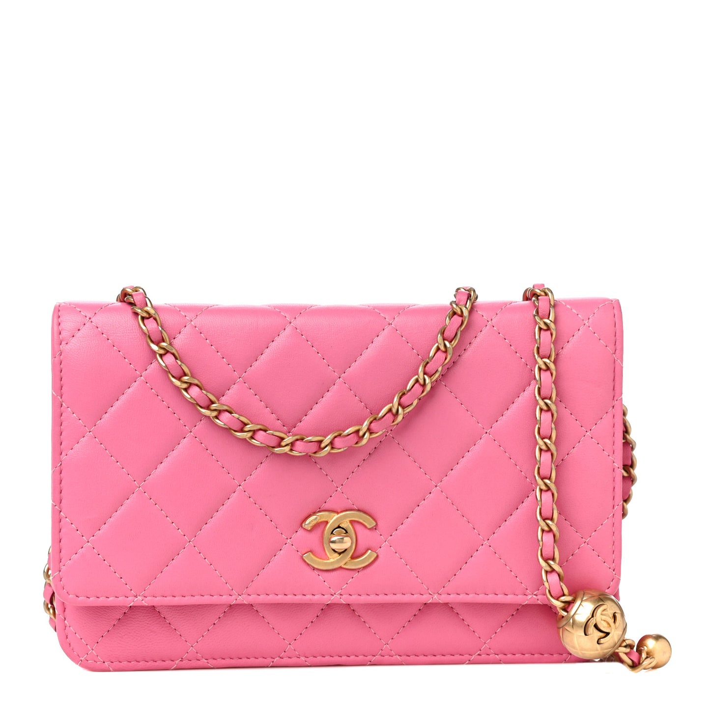 Lambskin Quilted CC Pearl Crush Wallet on Chain WOC Pink