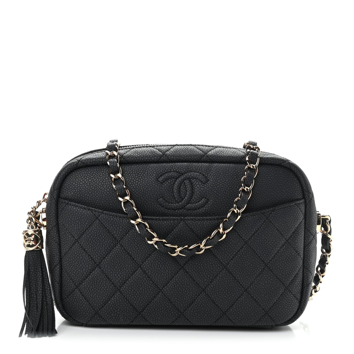 Iridescent Caviar Quilted Small Coco Tassel Camera Case Black