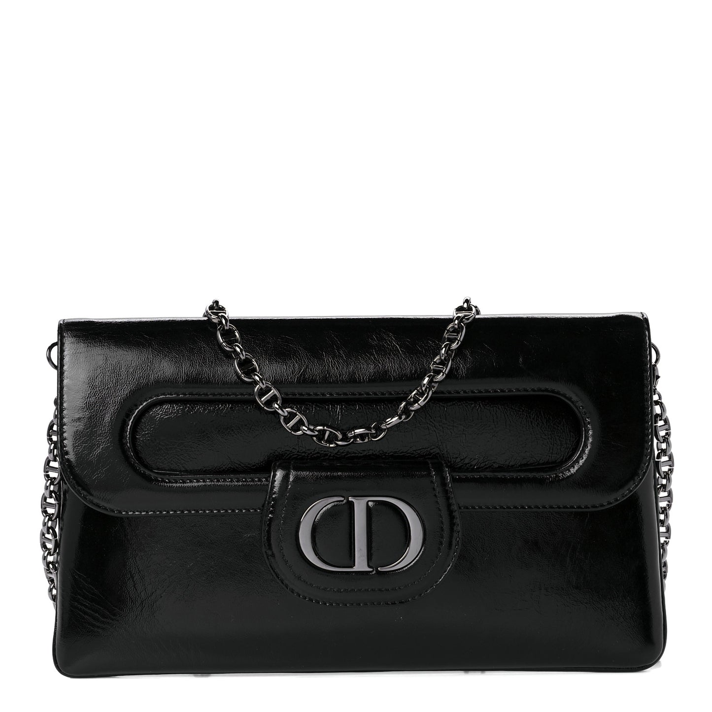Crinkled Patent Lambskin Medium Diordouble Chain Bag Black