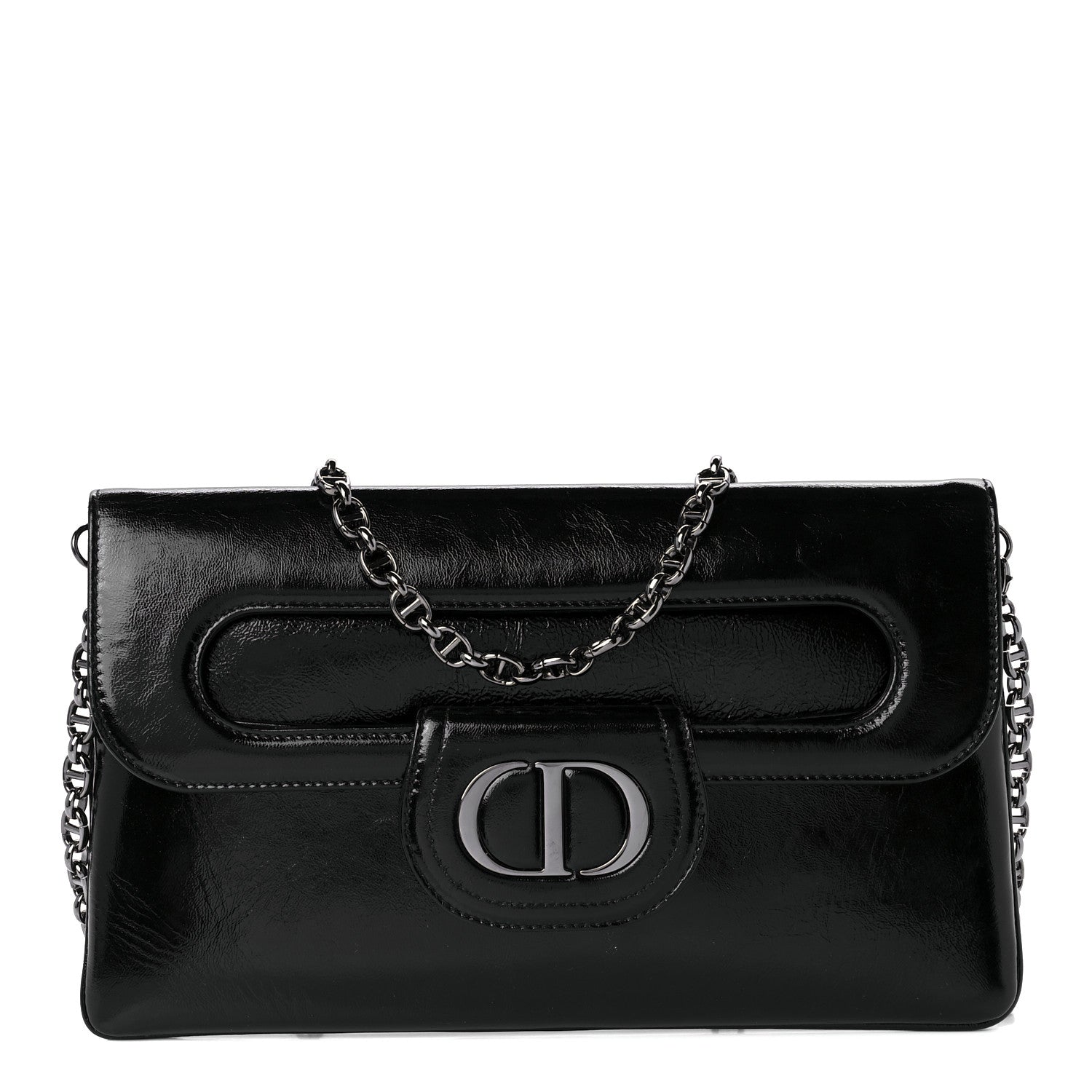 Christian Dior Crinkled Patent Lambskin Medium Diordouble Chain Bag Black 1 of 10