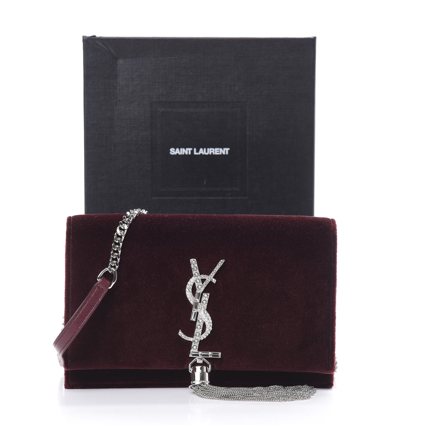 Velvet Crystal Monogram Kate Tassel Shoulder Bag Burgundy