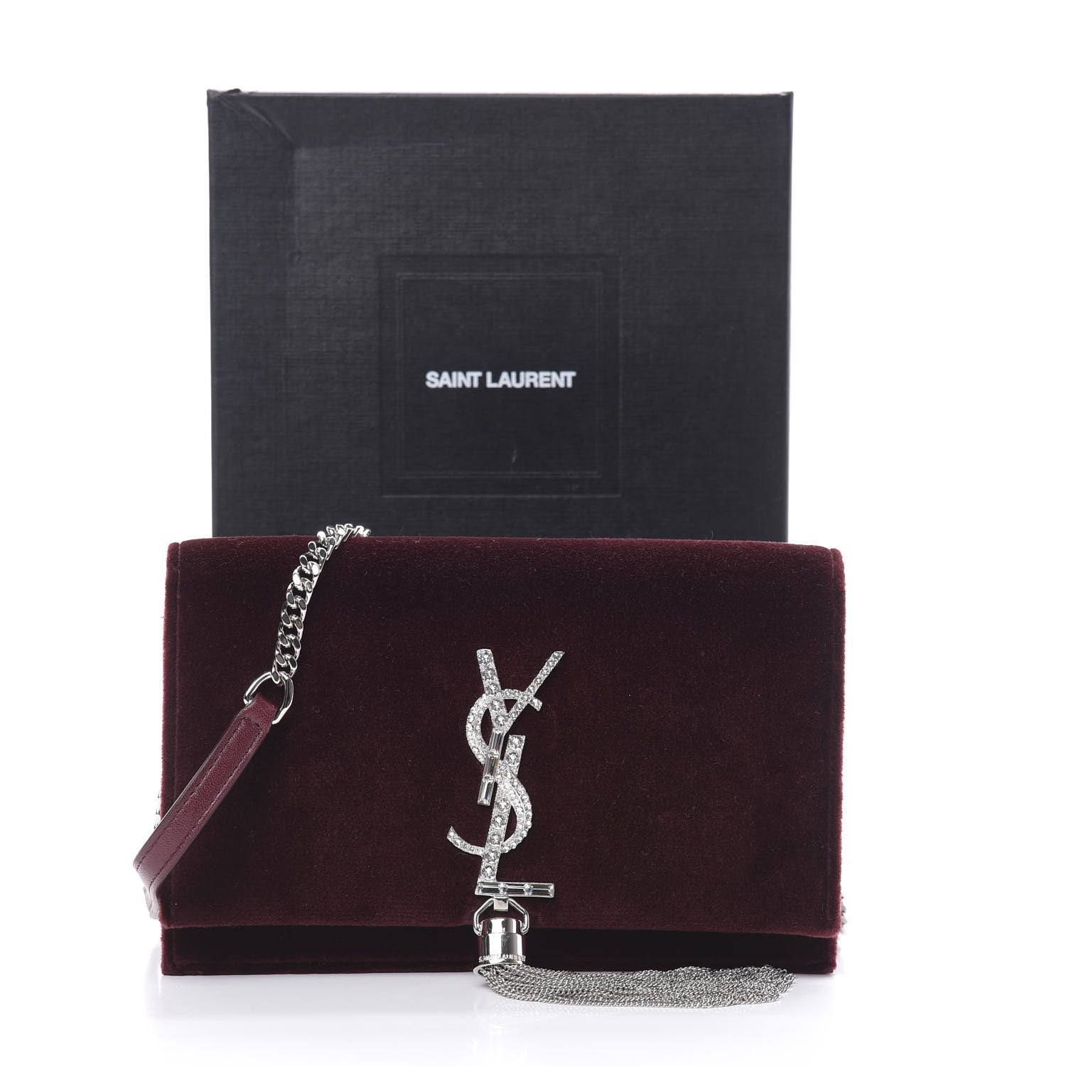 Saint Laurent Velvet Crystal Monogram Kate Tassel Shoulder Bag Burgundy 11 of 11