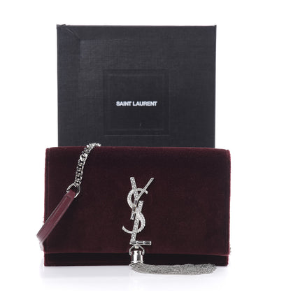 Saint Laurent Velvet Crystal Monogram Kate Tassel Shoulder Bag Burgundy 11 of 11