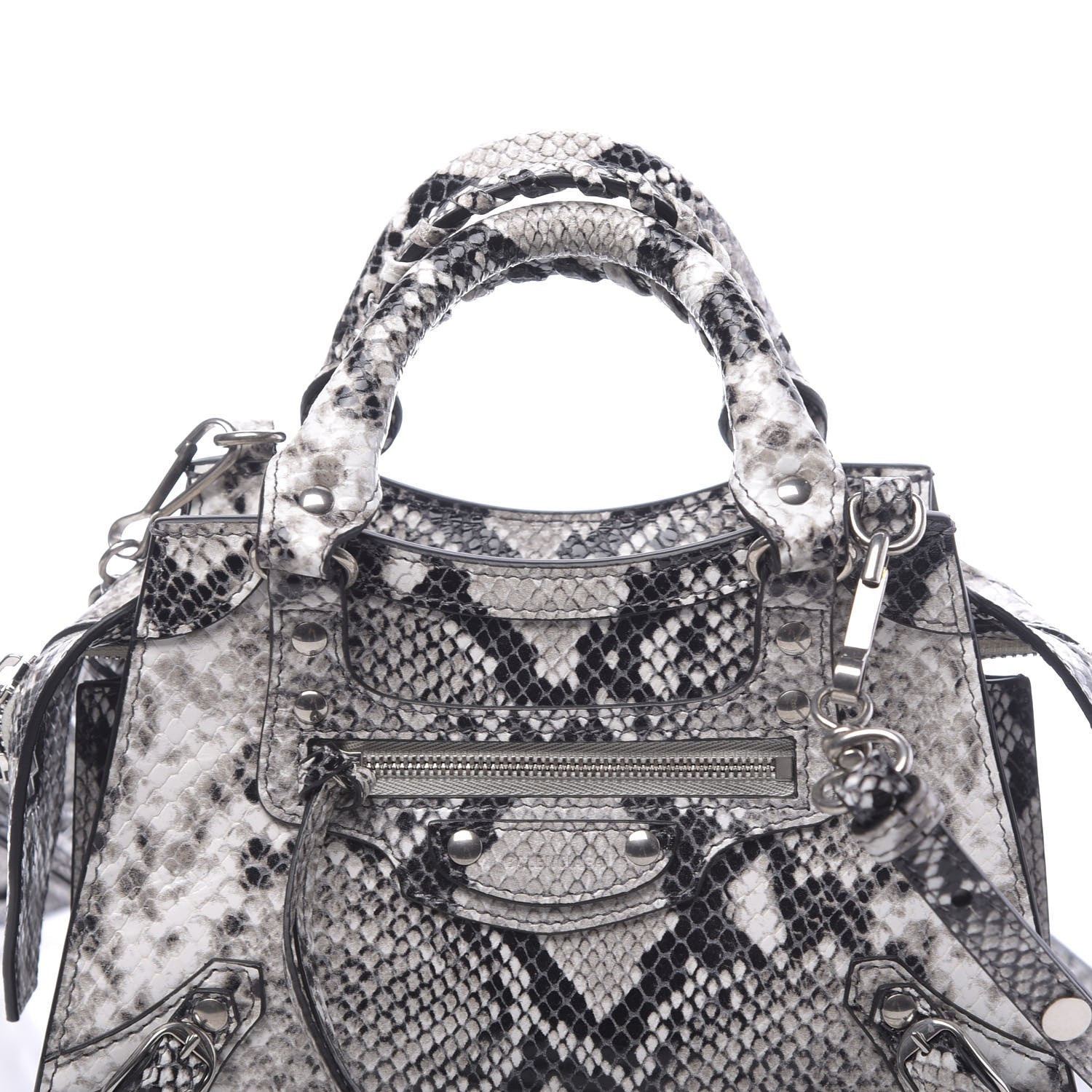 Balenciaga Grained Calfskin Snake Effect Neo Classic Silver Hardware Mini City Black White 8 of 10