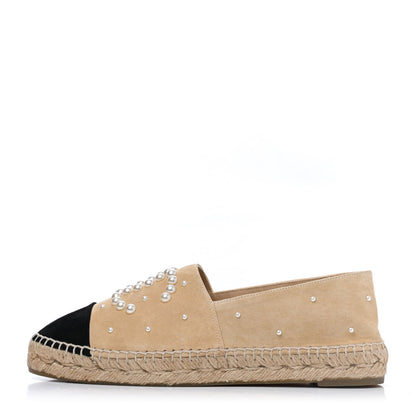 Chanel Suede Pearl CC Espadrilles 38 Beige Black 1 of 9