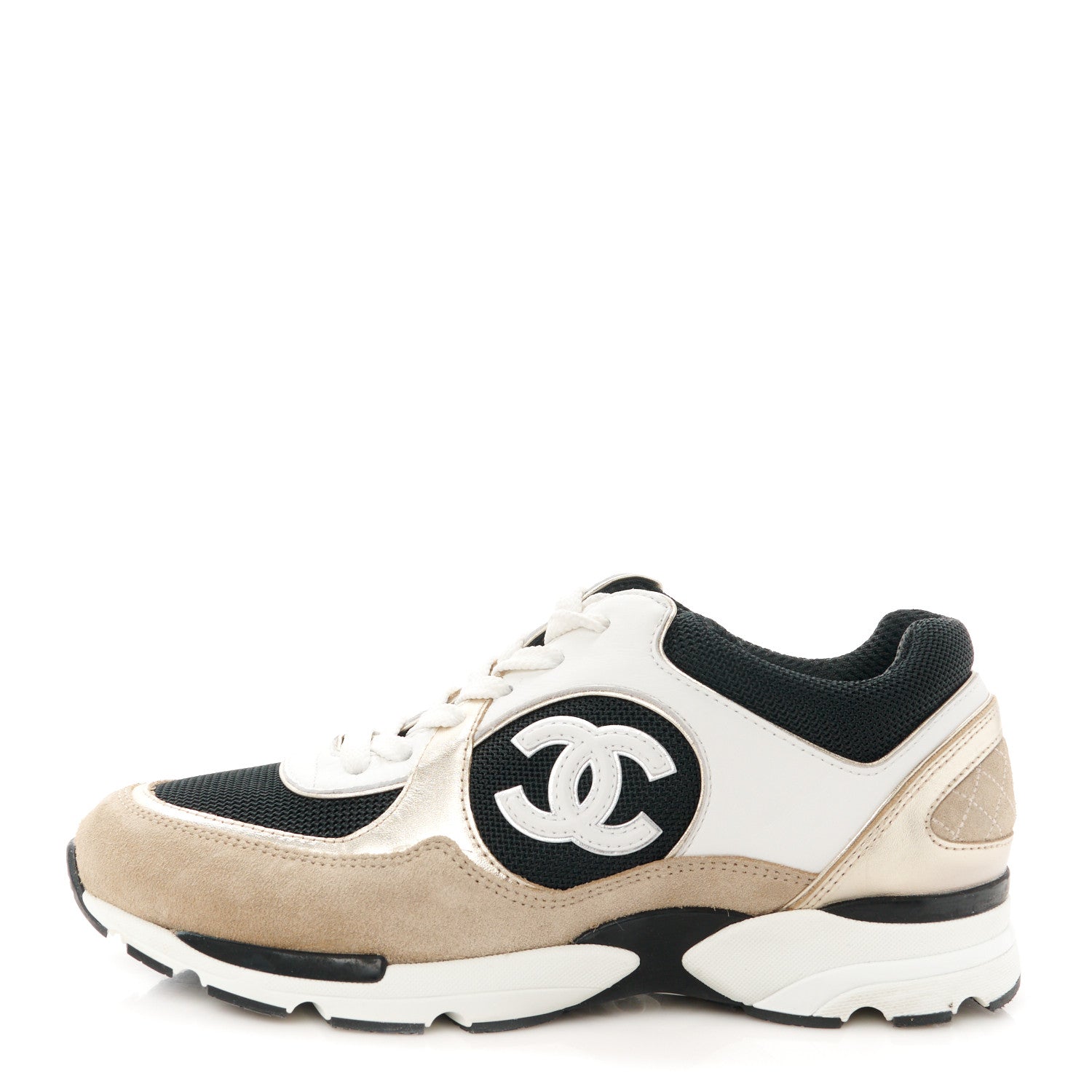 Chanel Mesh Suede Calfskin Womens CC Sneakers 38 White Black Beige Gold 1 of 8