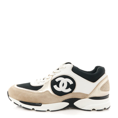 Chanel Mesh Suede Calfskin Womens CC Sneakers 38 White Black Beige Gold 1 of 8