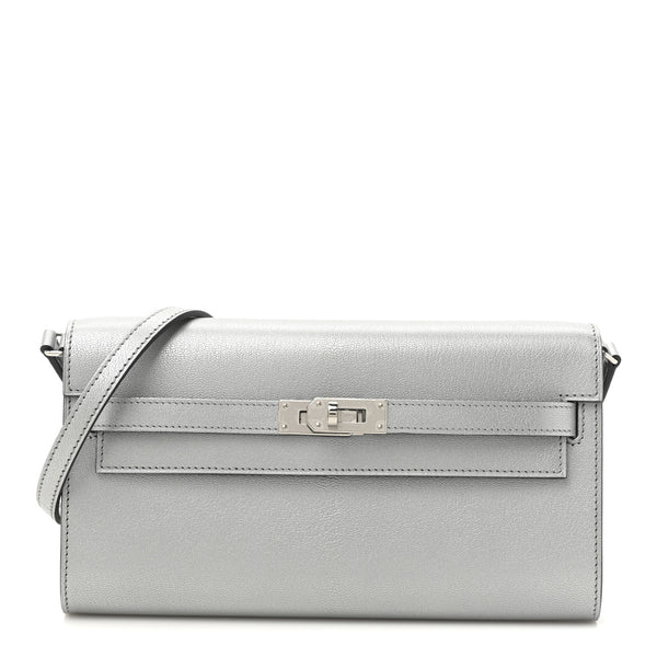 Hermes Metallic Chevre Chamkilight Kelly Wallet To Go Argent