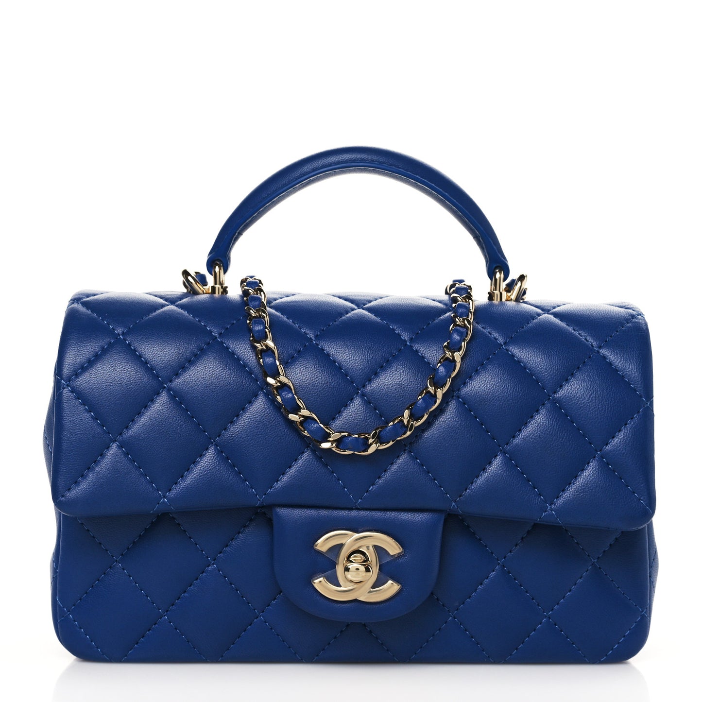 Lambskin Quilted Mini Top Handle Rectangular Flap Blue