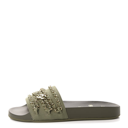 Chanel Canvas Chain Flat Sandals 38 Khaki 1 of 10