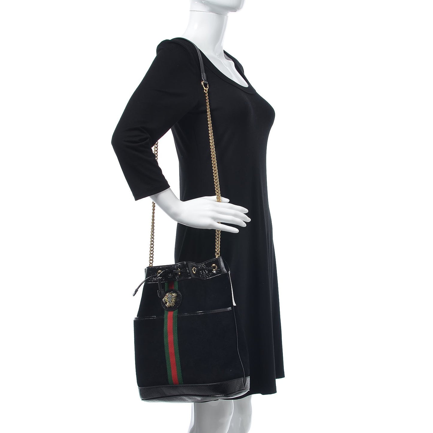 Suede Patent Web Medium Rajah Bucket Bag Black