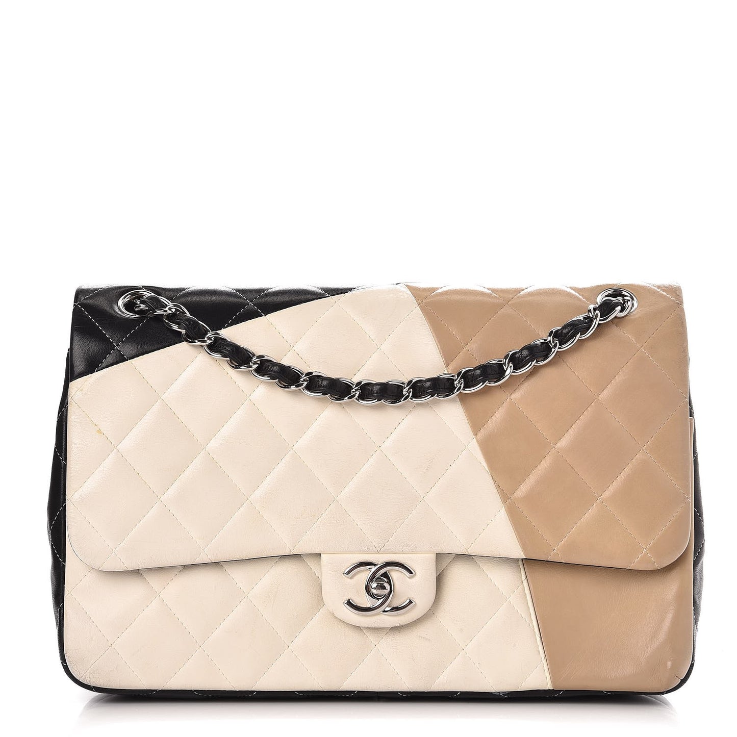 Lambskin Quilted Colorblock Jumbo Double Flap Black White Beige
