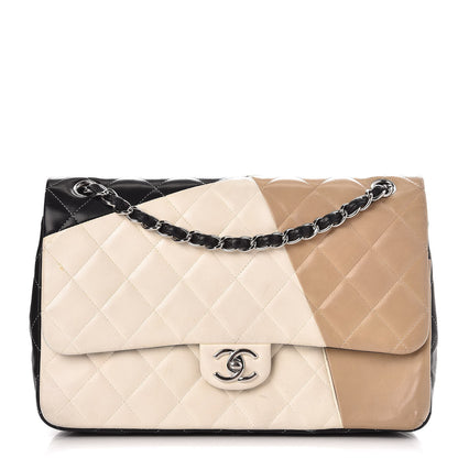 Chanel Lambskin Quilted Colorblock Jumbo Double Flap Black White Beige 1 of 18