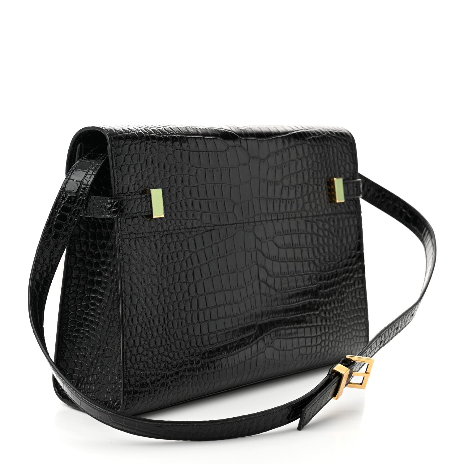 Saint Laurent Shiny Calfskin Crocodile Embossed Manhattan Baguette Black 3 of 9