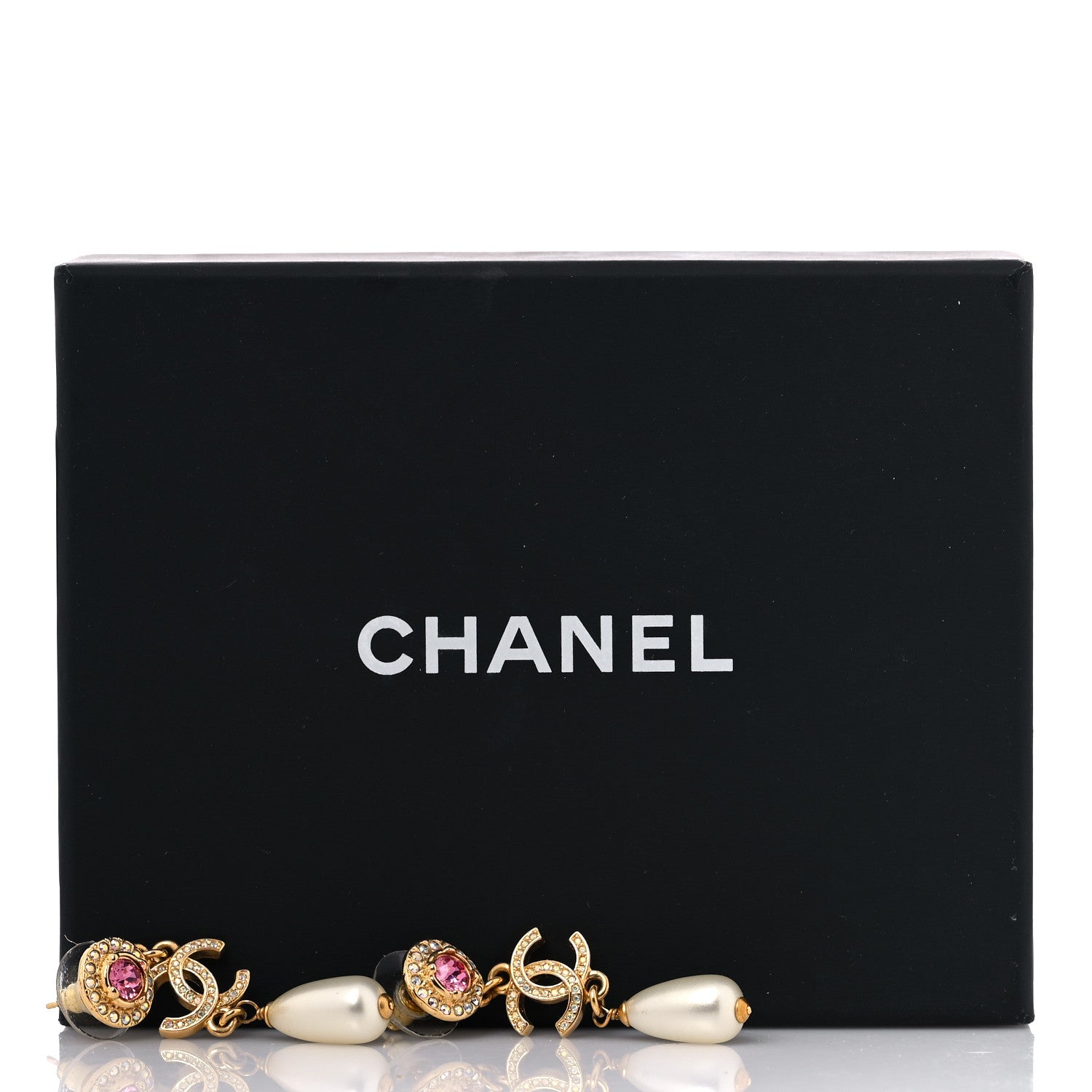 Chanel Metal Crystal Pearl CC Drop Earrings Gold Pink White 6 of 6