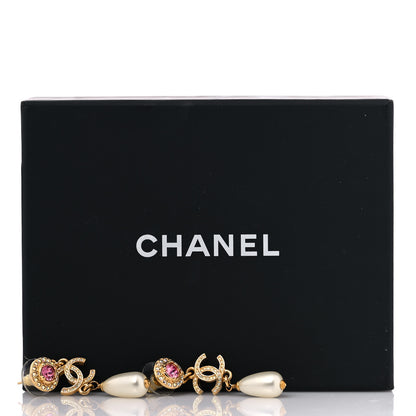 Chanel Metal Crystal Pearl CC Drop Earrings Gold Pink White 6 of 6