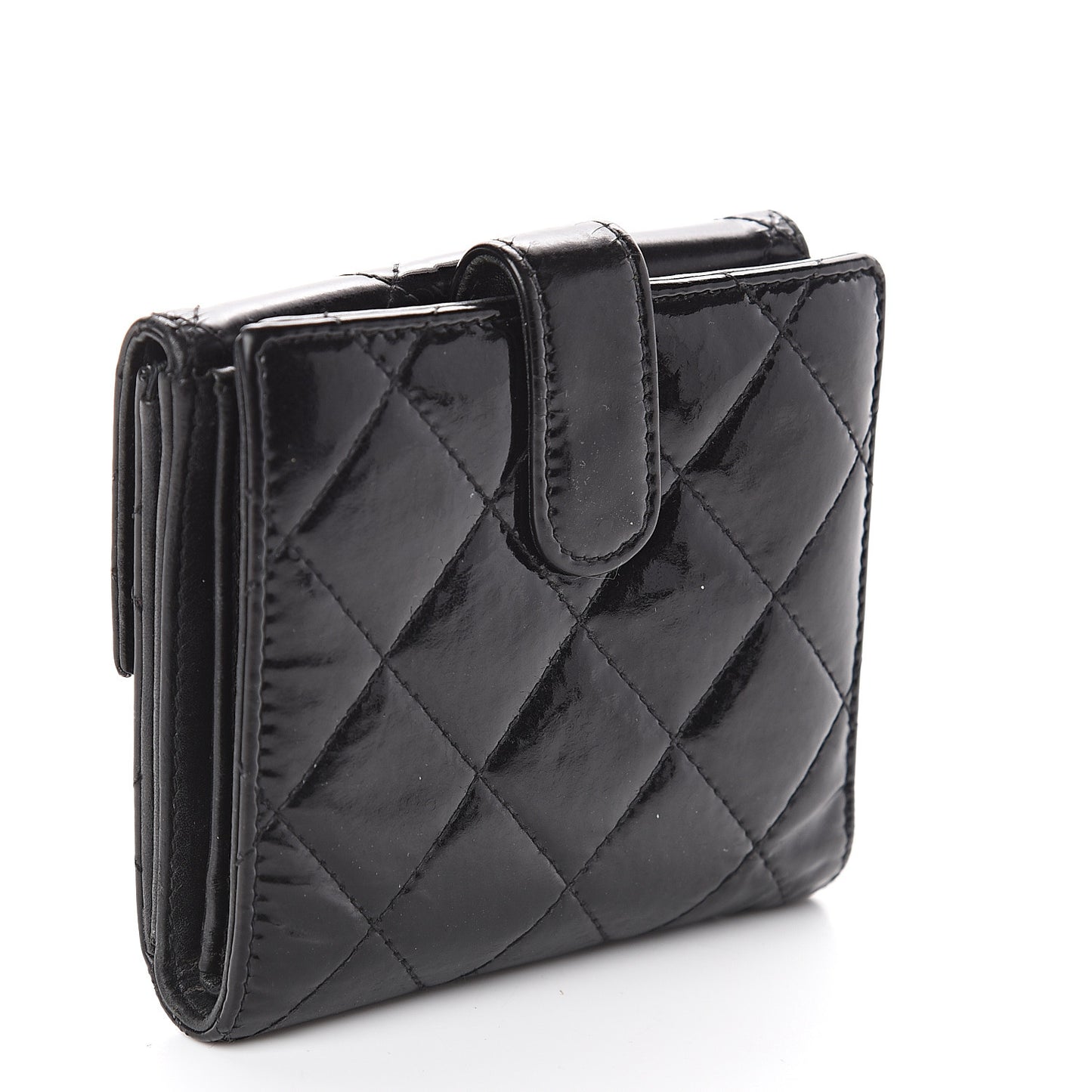 Patent Quilted Compact French Flap Wallet Black