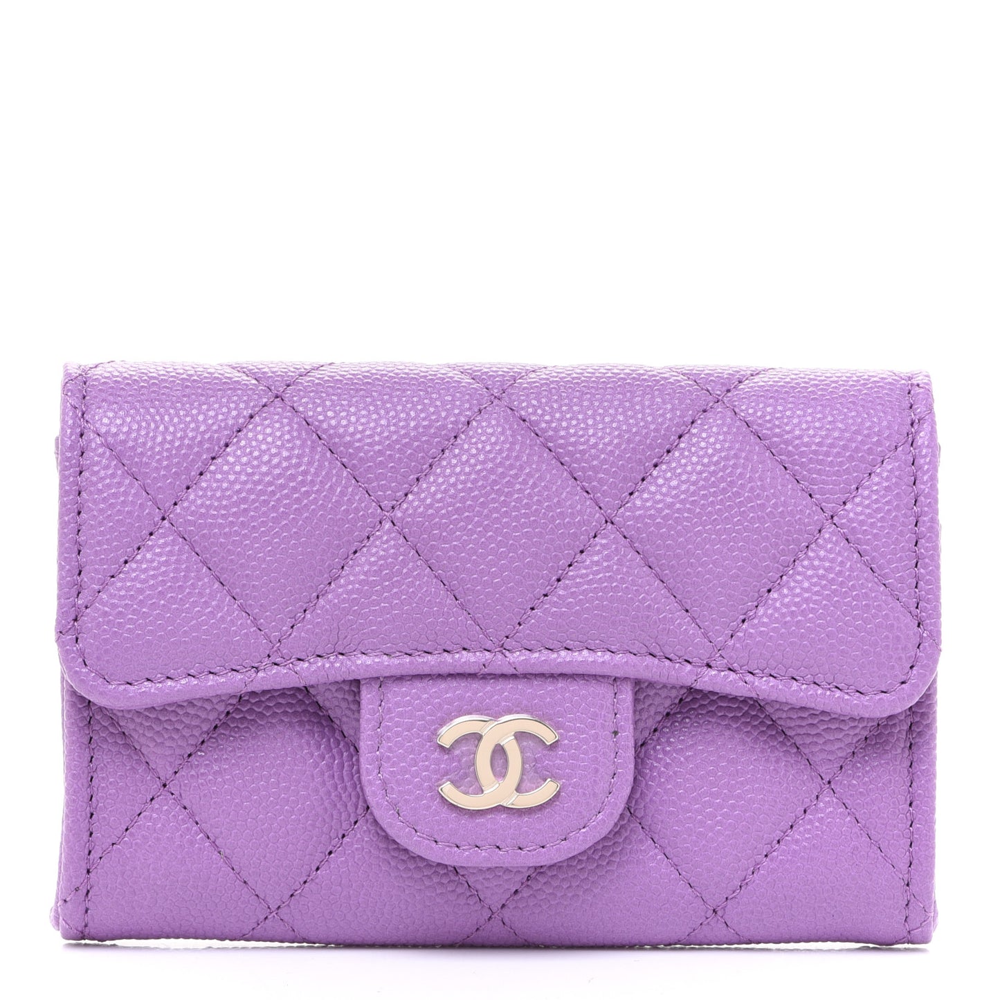 Caviar Quilted Flap Card Holder Wallet Purple