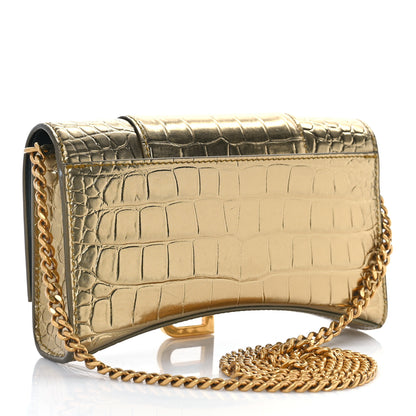 Balenciaga Metallic Calfskin Crocodile Embossed Hourglass Chain Bag Gold 3 of 8