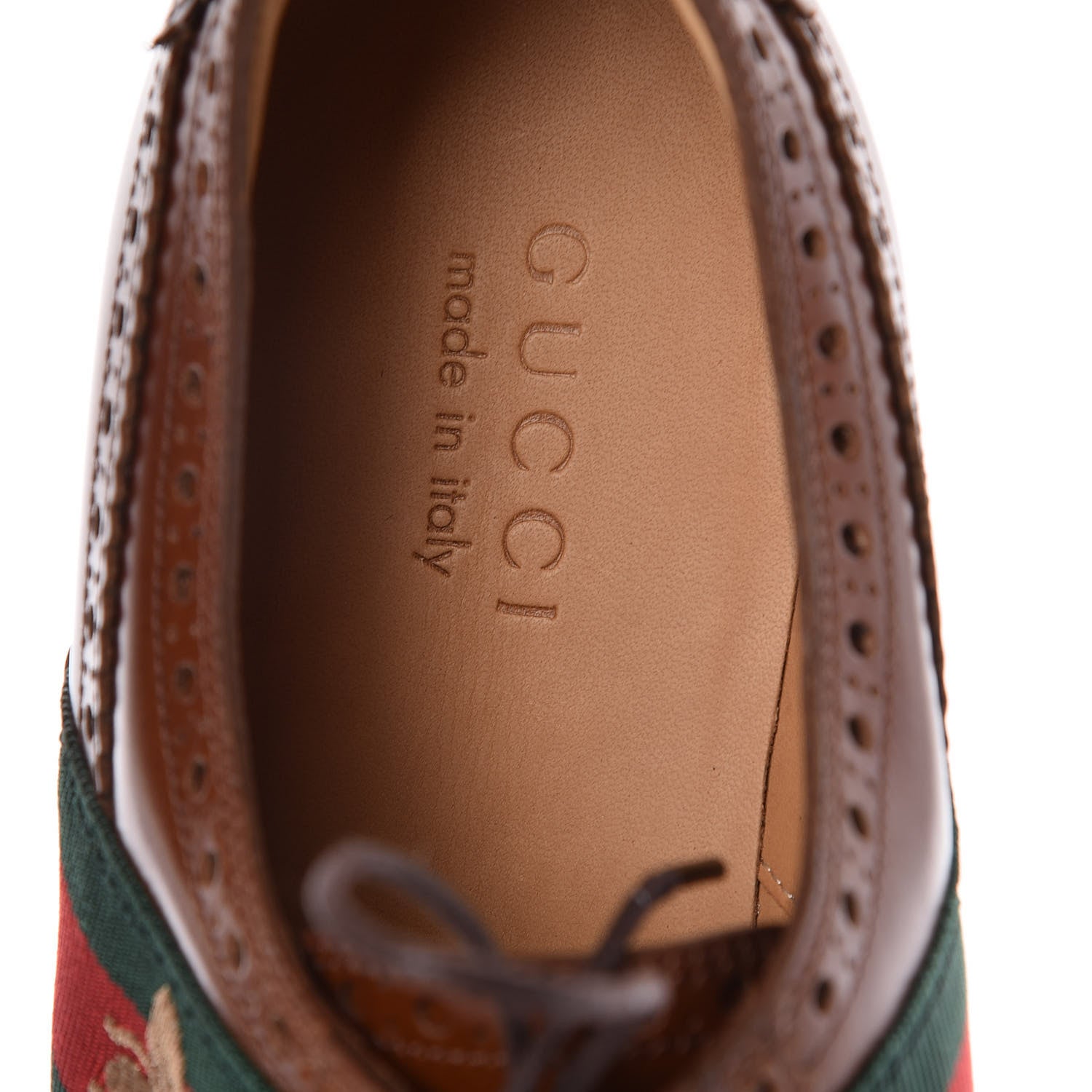 Gucci Calfskin Web Bee Embroidered Mens Lace Up Brogue Wingtip Derby Shoes 8.5 Cuir 7 of 10