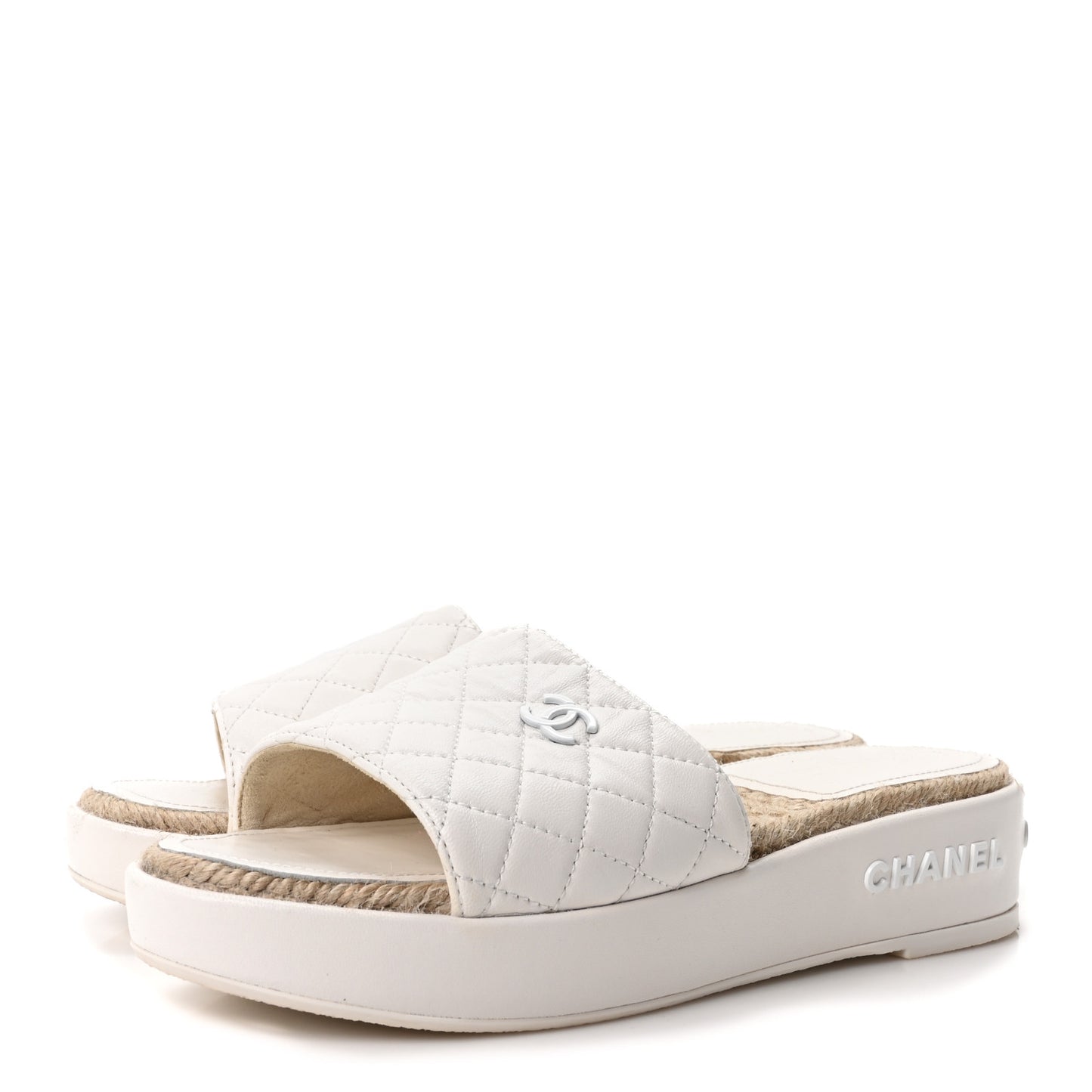 Lambskin Quilted CC Espadrille Slip On Sandals 39 White