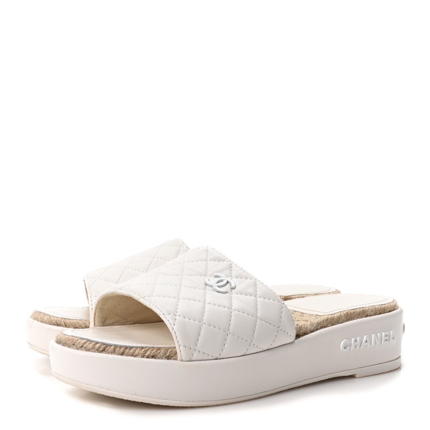 Chanel Lambskin Quilted CC Espadrille Slip On Sandals 39 White 4 of 9