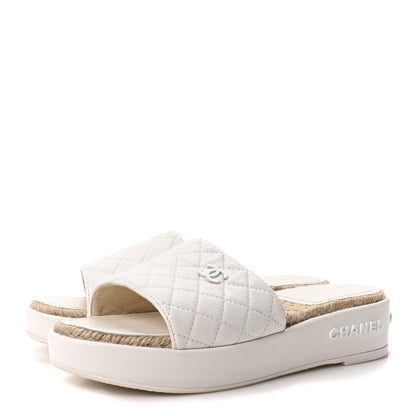 Chanel Lambskin Quilted CC Espadrille Slip On Sandals 39 White 4 of 9