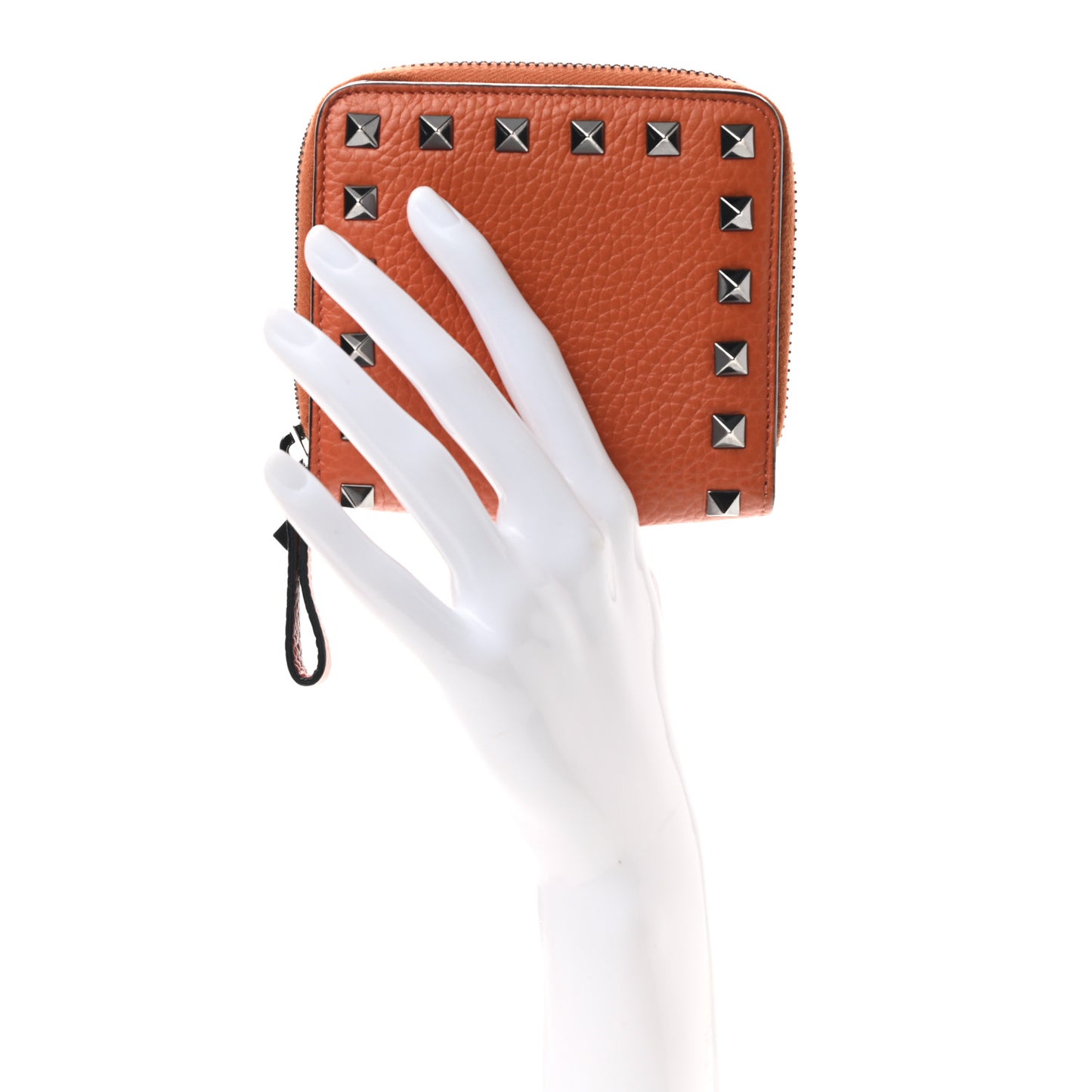 Pebbled Calfskin Rockstud Compact Zip Around Wallet Orange