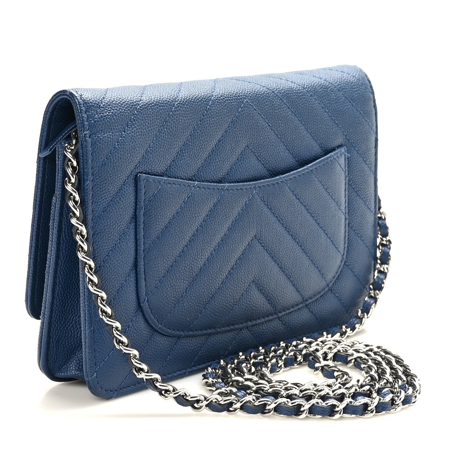 Chanel Caviar Chevron Quilted Wallet On Chain WOC Navy 3 of 10