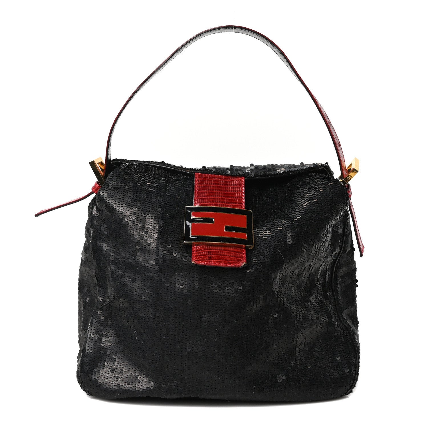 Fendi Sequin Lizard Baguette Black Red 1 of 9