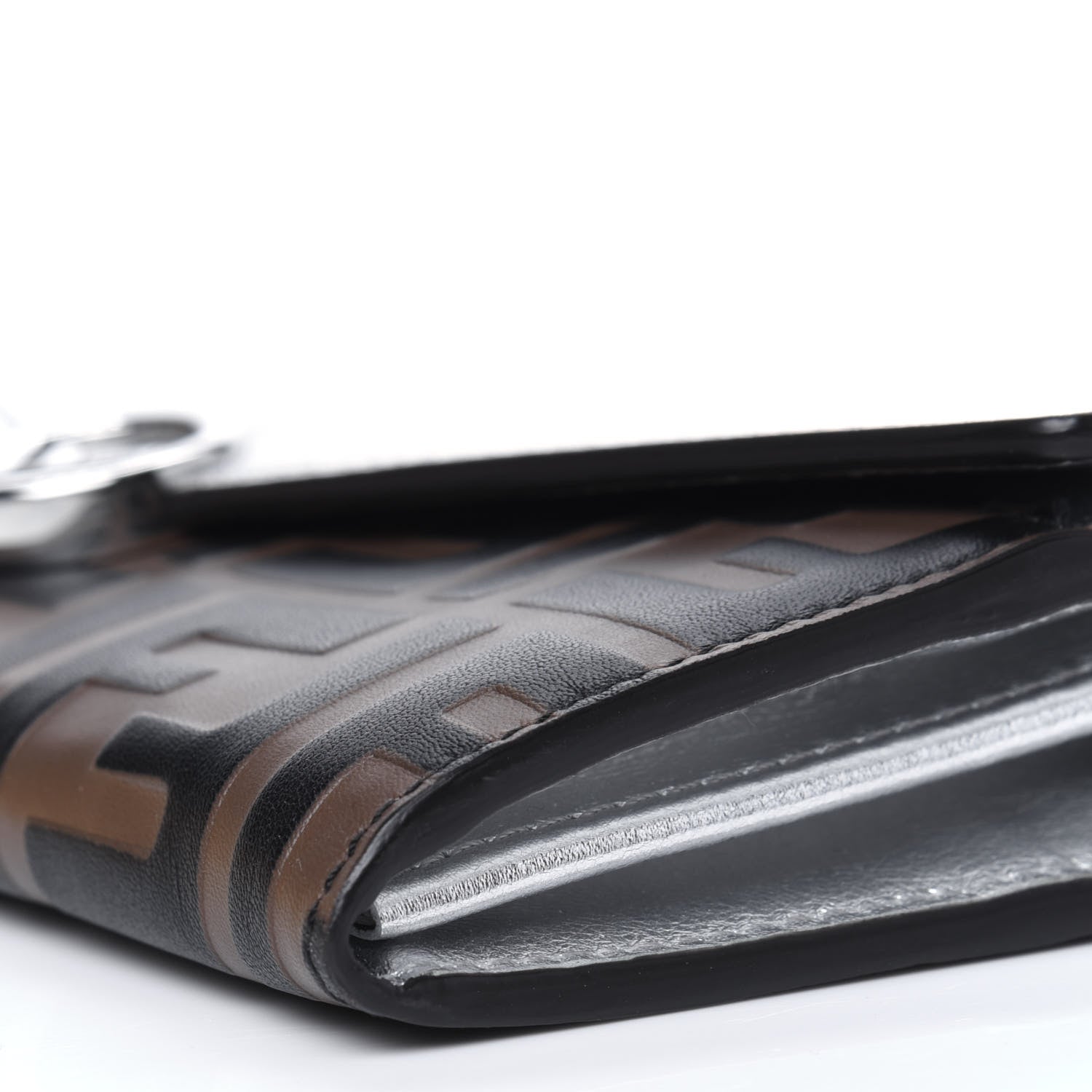 Fendi Vitello Soft Catalan Mirror F is Fendi Bi-Color FF 1974 Embossed Continental Envelope Wallet On Chain Maya Black Argento 10 of 12