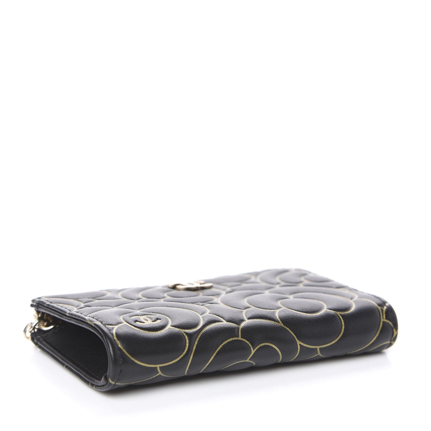 Lambskin Camellia Embossed Key Holder Case Black Gold