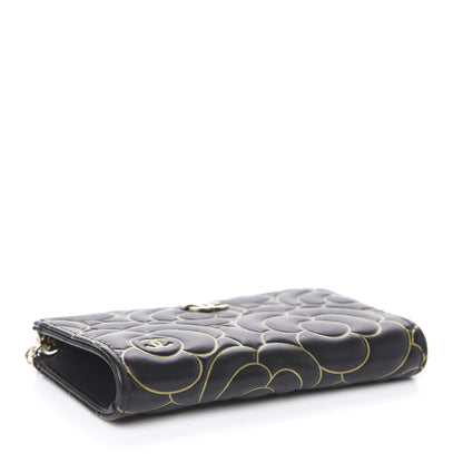 Chanel Lambskin Camellia Embossed Key Holder Case Black Gold 3 of 7