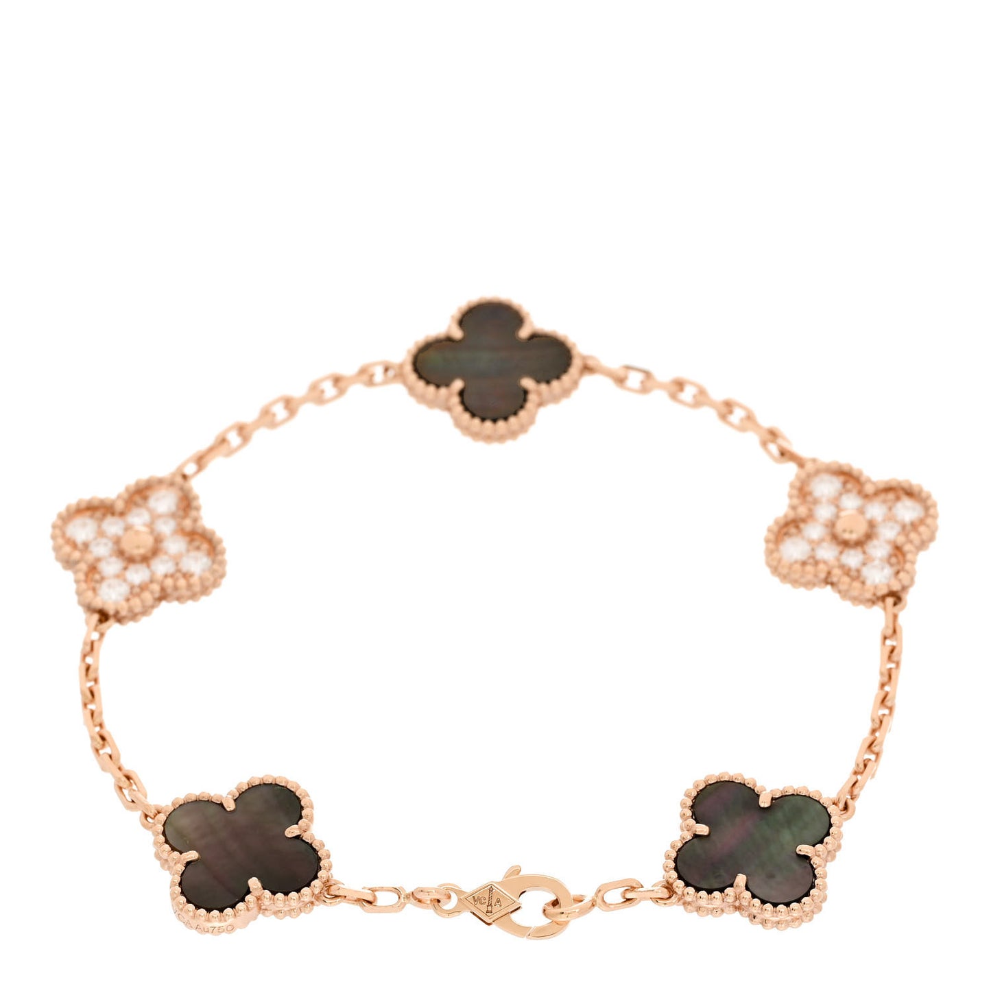 18K Rose Gold Diamond Gray Mother of Pearl 5 Motifs Vintage Alhambra Bracelet