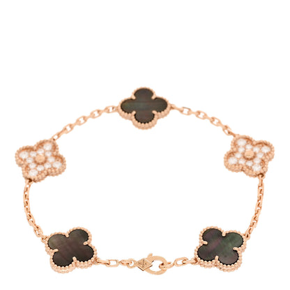 Van Cleef & Arpels 18K Rose Gold Diamond Gray Mother of Pearl 5 Motifs Vintage Alhambra Bracelet 2 of 4