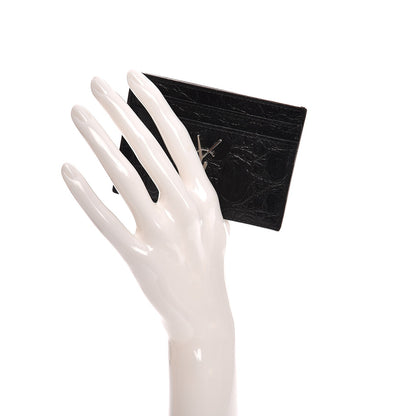 Saint Laurent Calfskin Crocodile Embossed Monogram Credit Card Case Black 2 of 8