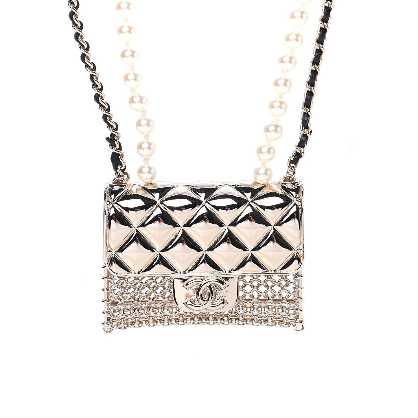 Metal Lambskin Pearl Chain Flap Bag Long Necklace Gold Black Pearly White