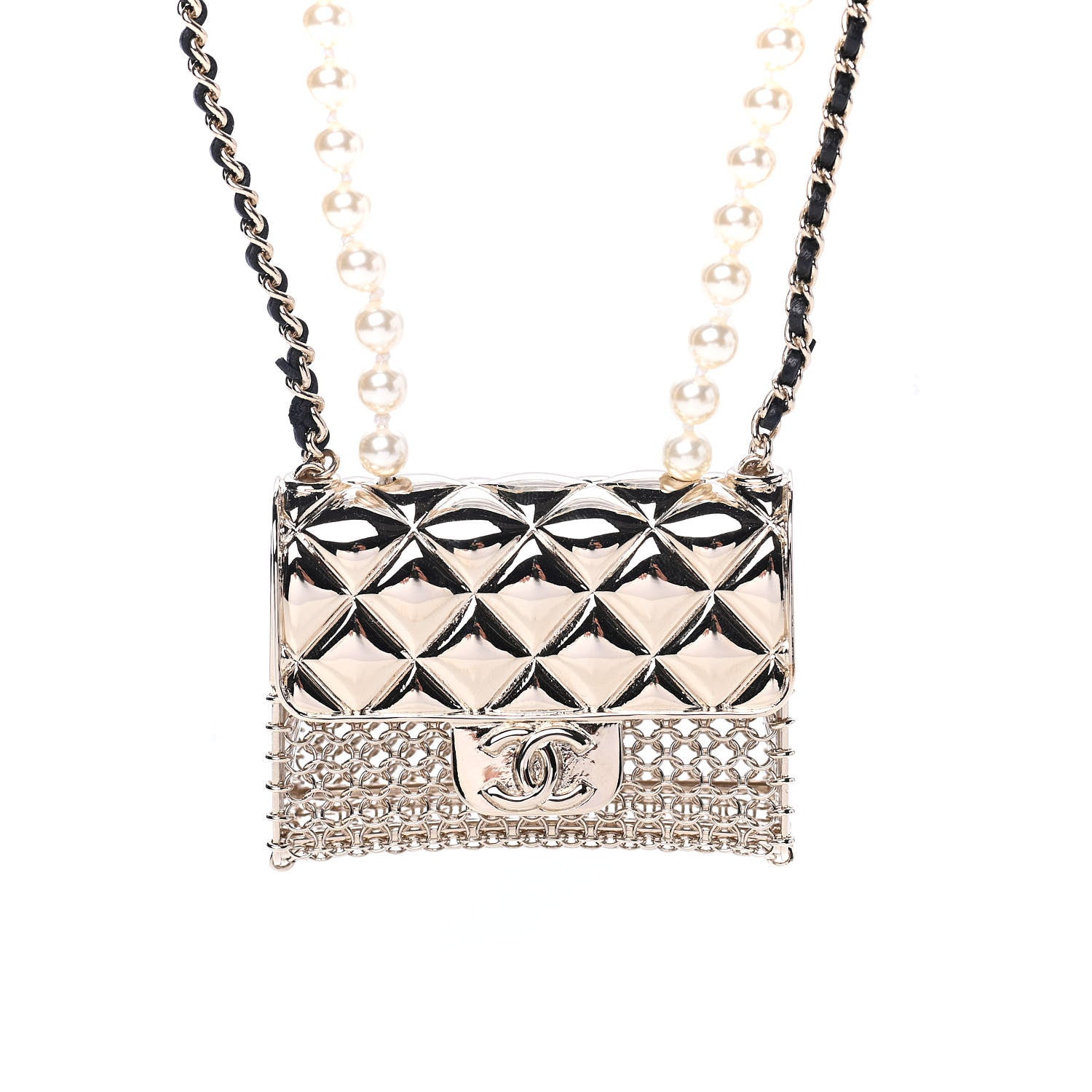 Chanel Metal Lambskin Pearl Chain Flap Bag Long Necklace Gold Black Pearly White 3 of 4