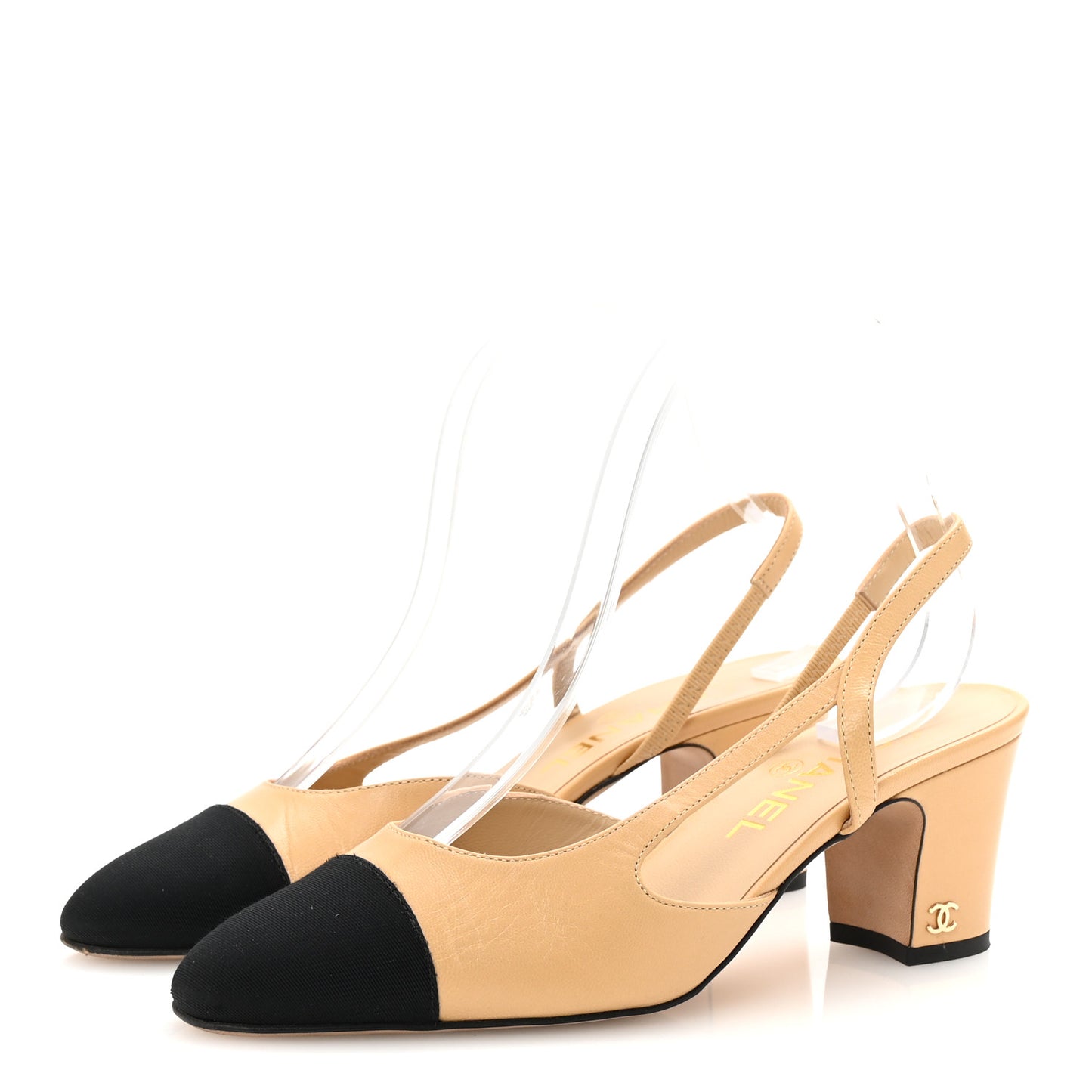 Goatskin Grosgrain Cap Toe CC Slingback Pumps 37 Beige Black