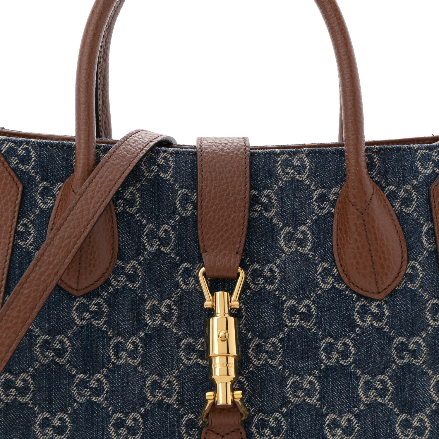 Gucci New Denim GG Monogram Dollar Calfskin Medium Jackie 1961 Tote Blue Tea Cuir Epilog 8 of 12