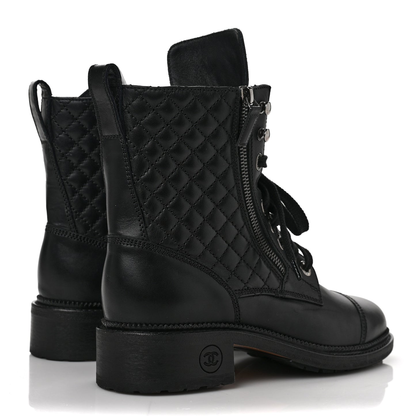 Calfskin Quilted Lace Up Combat Boots 38.5 Black