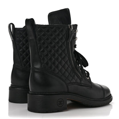 Chanel Calfskin Quilted Lace Up Combat Boots 38.5 Black 4 of 9