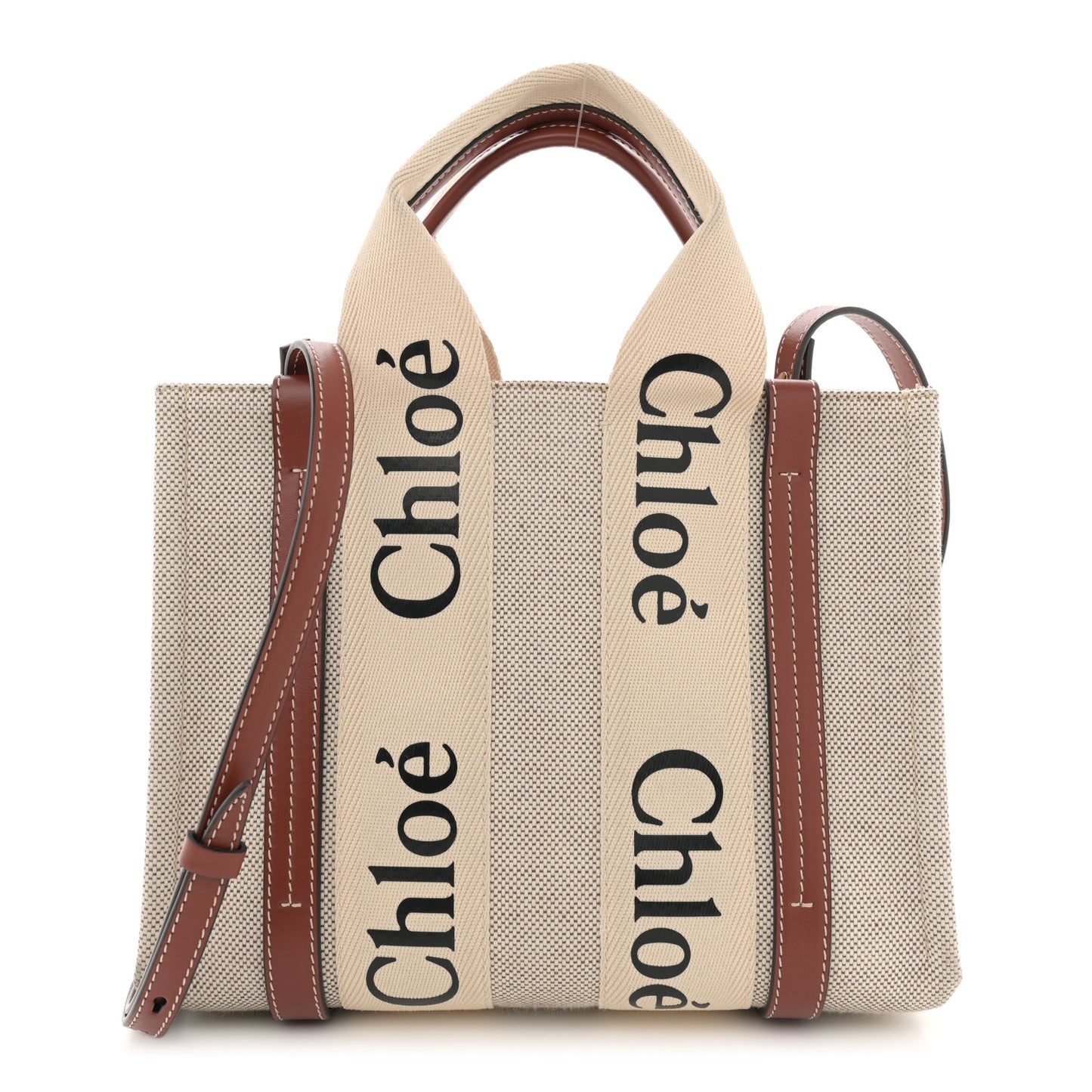 Cotton Calfskin Small Woody Ribbon Tote With Strap White Brown