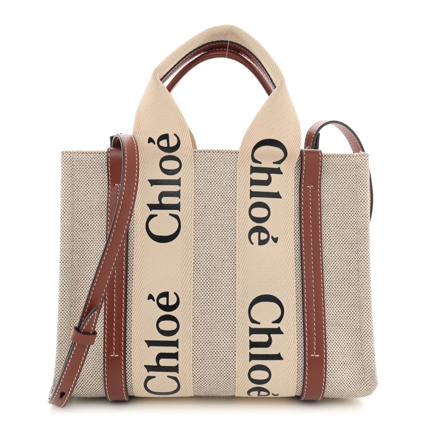 Chloe Cotton Calfskin Small Woody Ribbon Tote With Strap White Brown 1 of 12