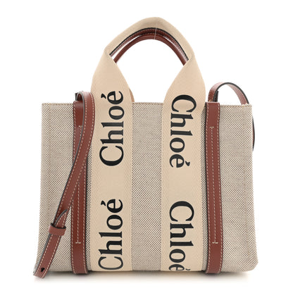 Chloe Cotton Calfskin Small Woody Ribbon Tote With Strap White Brown 1 of 12