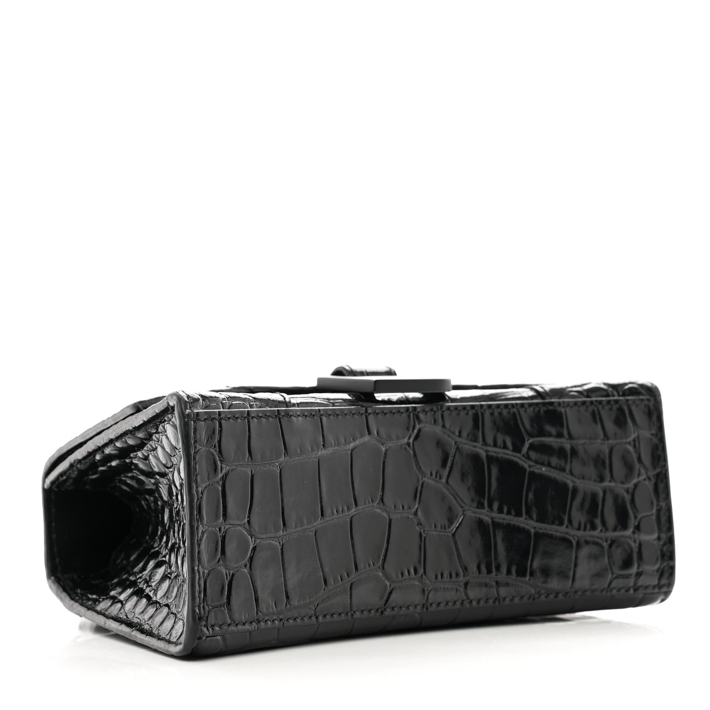 Shiny Calfskin Monochrome Crocodile Embossed Hourglass Top Handle Bag XS Black